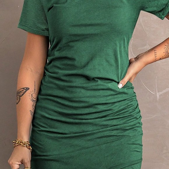 Green Casual Womens Solid Ruched Tulip Hem Dress - Picture 4 of 5